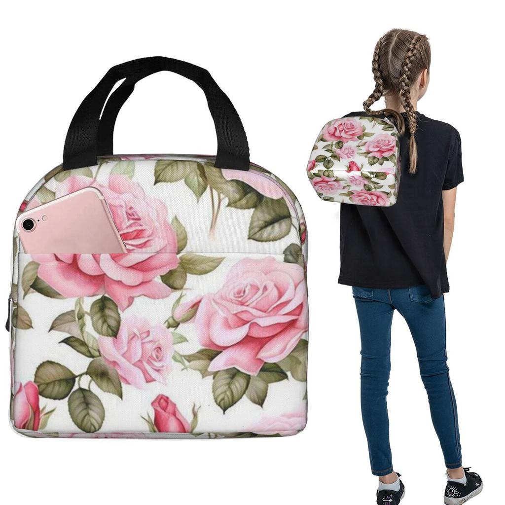 Pink Rose Watercolor Pattern Insulated Lunch Bag for Women Kids Portable Food Boxes Thermal Lunch Box Tote