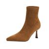2025 autumn and winter Korean version fashion temperament pointed head high heel elastic thin boots suede commuting elegant thin heel short boots wo