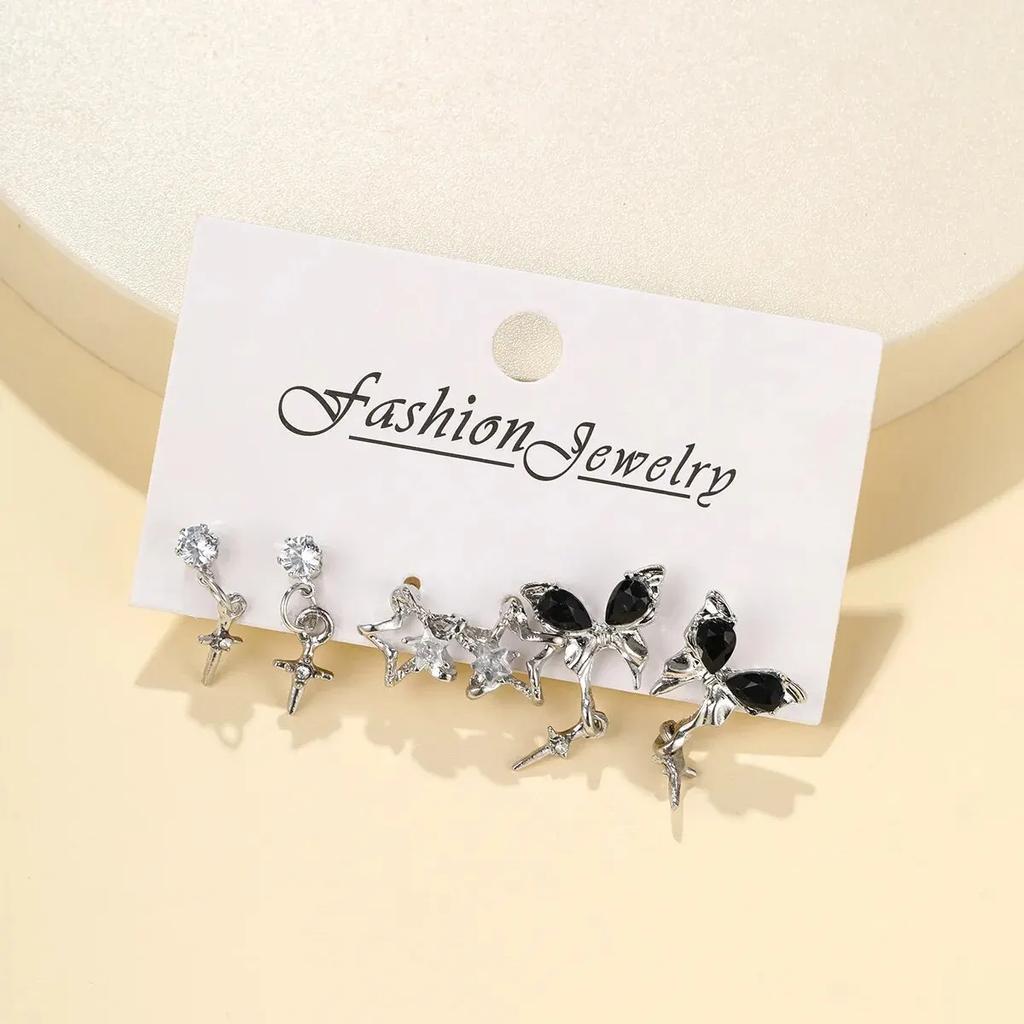 New Fashion Goth Black Butterfly Crystal Star Earring Set For Women Girl Vintage Aesthetic Heart Stud Earring Trendy Y2K Jewelry