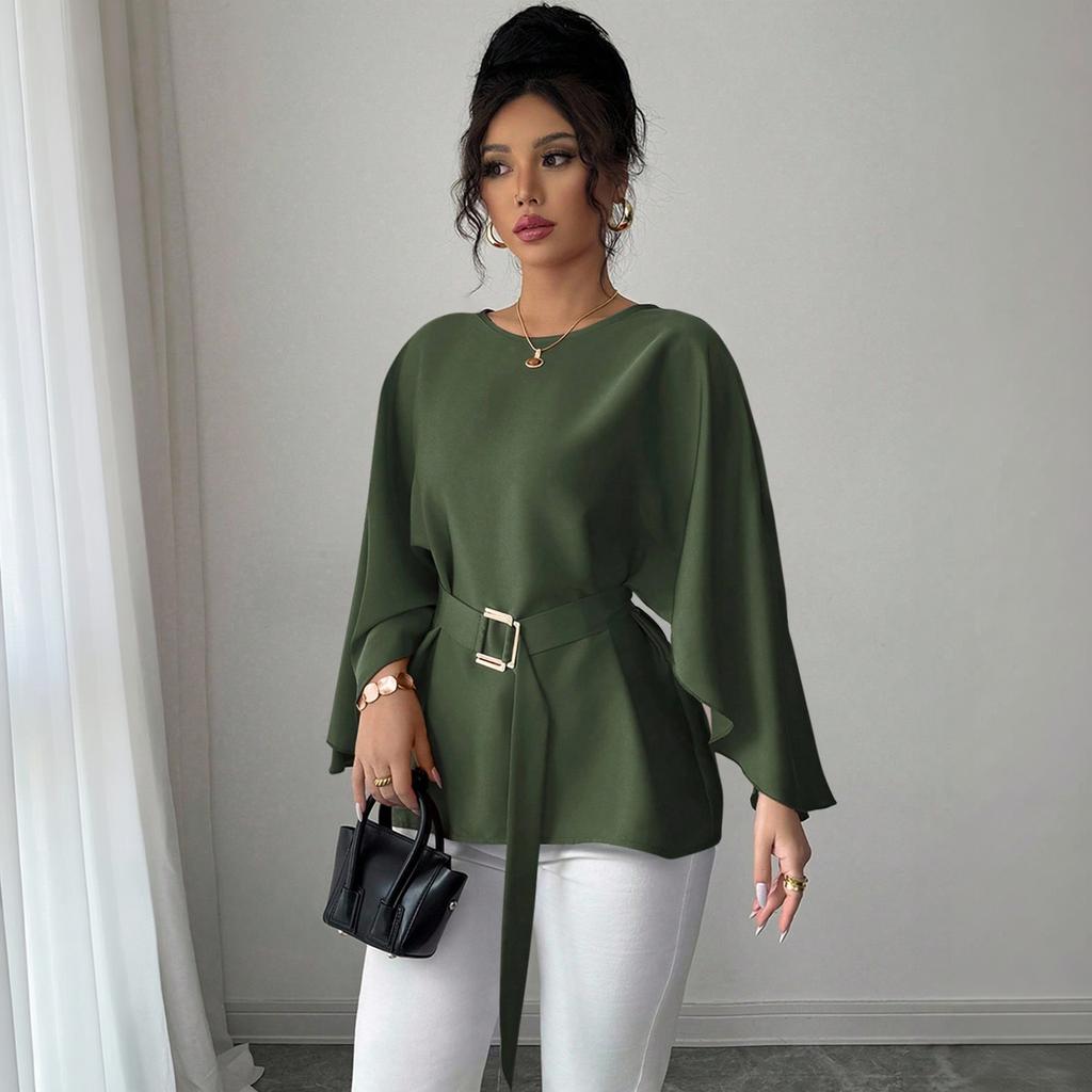 Damen Langarm Vintage Rüschenärmel Hals Bluse