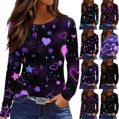 Women's Fashionable Long-Sleeved Round Neck Top with Slit Hem and Valentine's Day Heart Print