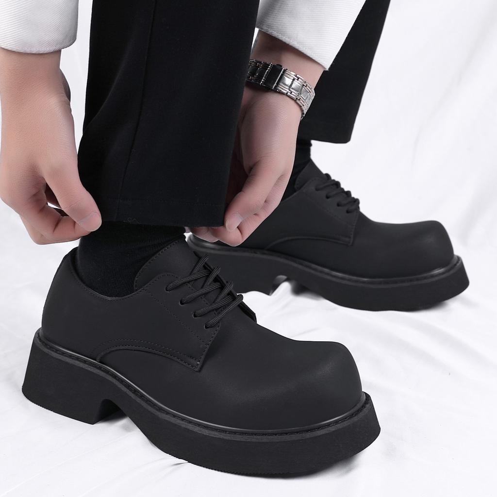 Derby Shoes Black Men's Shoes 2025 New Winter Platform Heightening Big Head Shoes Casual Matte Men's Round Head Leather Shoes