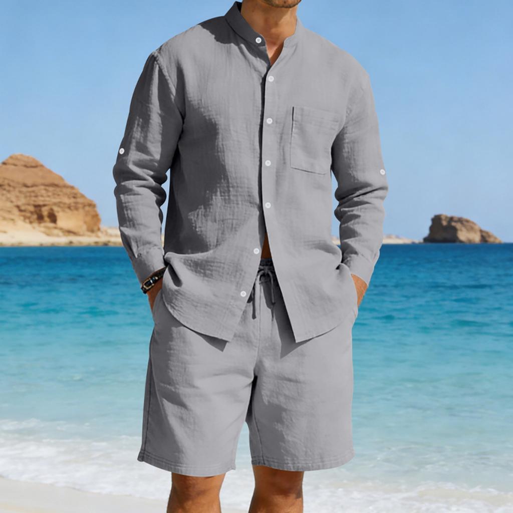 Men's American- Linen Casual Set Loose Long-sleeve Shirt And Shorts Set