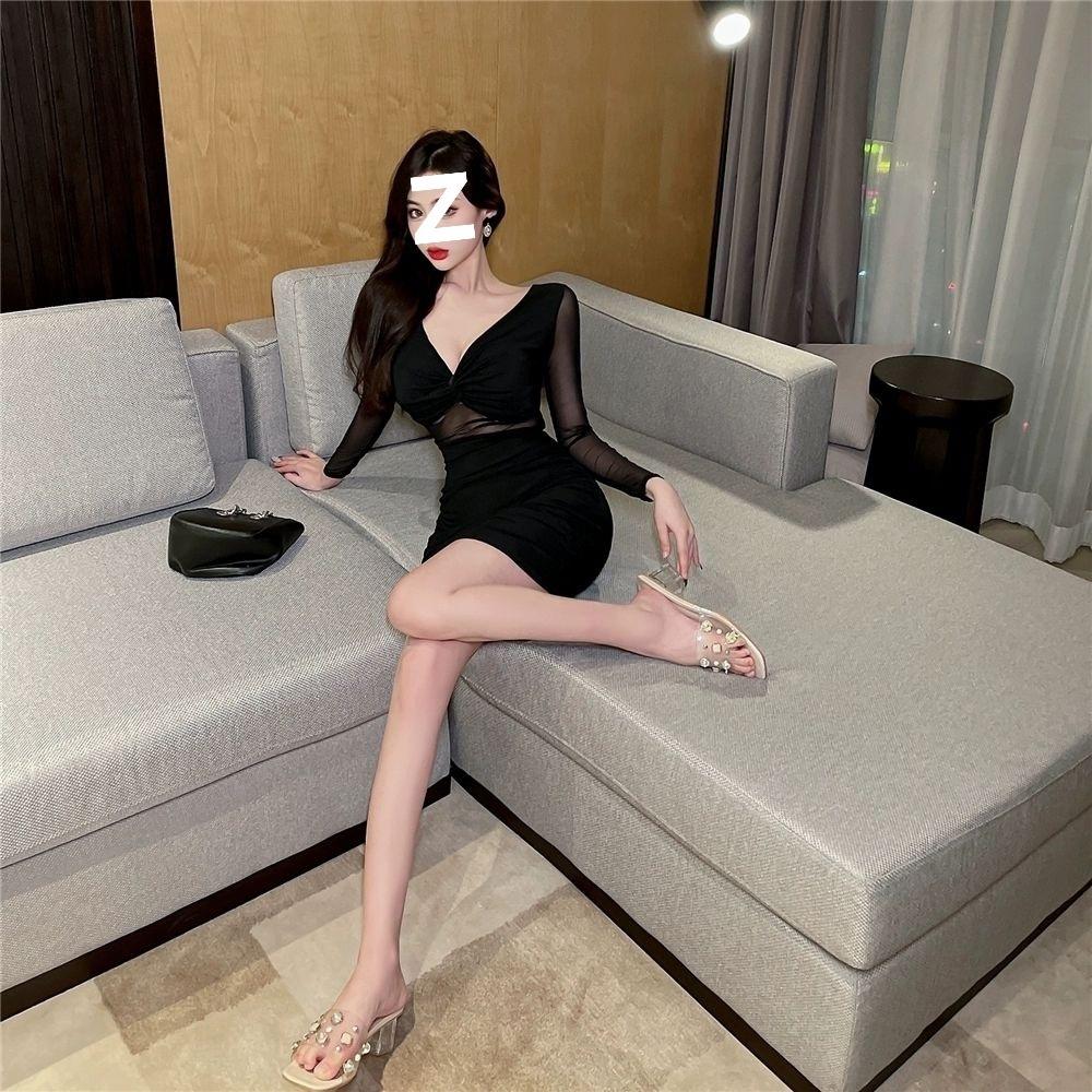 Spice Girl Mesh Long Sleeve Women's Dress New Skinny Black Bottom Dress Sexy Night Work Clothes Autumn Dress