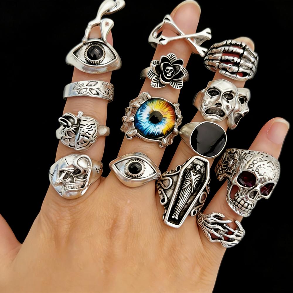10/20 Pezzi Set di Anelli Teschio Punk Vintage Per Donne Uomini Stile Misto Moda Gotico Hip Hop Occhio Ragno Gioielli Regali per Feste