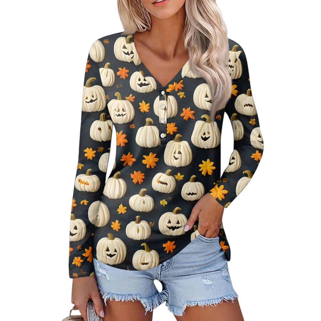 Women's Casual Fashion Sexy Comfort Halloween Printed V-Neck Button Long Sleeve