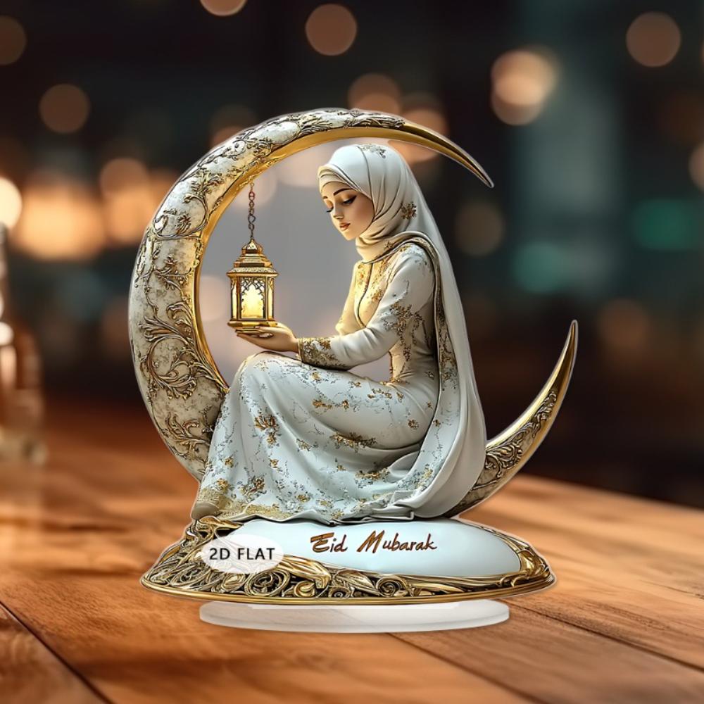 Flat Acrylic Exquisite Decor, White & Gold Moon Boat with Flowers & Lantern, Light Luxury Ornament for Office Bookshelf, Modern Art Gift for Festivals