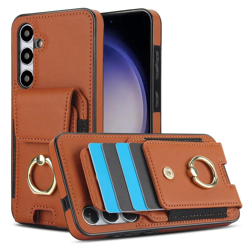 Ring Leather Wallet Card Phone Case for Samsung Galaxy S25 Edge S24 Ultra S23 Plus S22 S21 FE Note 20 10 Flip Stand Cover