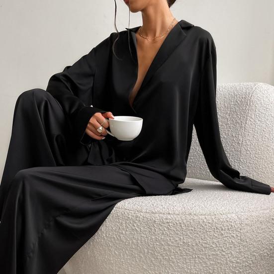 2 Pcs/Set Women Shirt Pants Set Homewear Suit Loose Lapel Long Sleeve Loose Solid Color Single-breasted Wide Leg Straight Soft