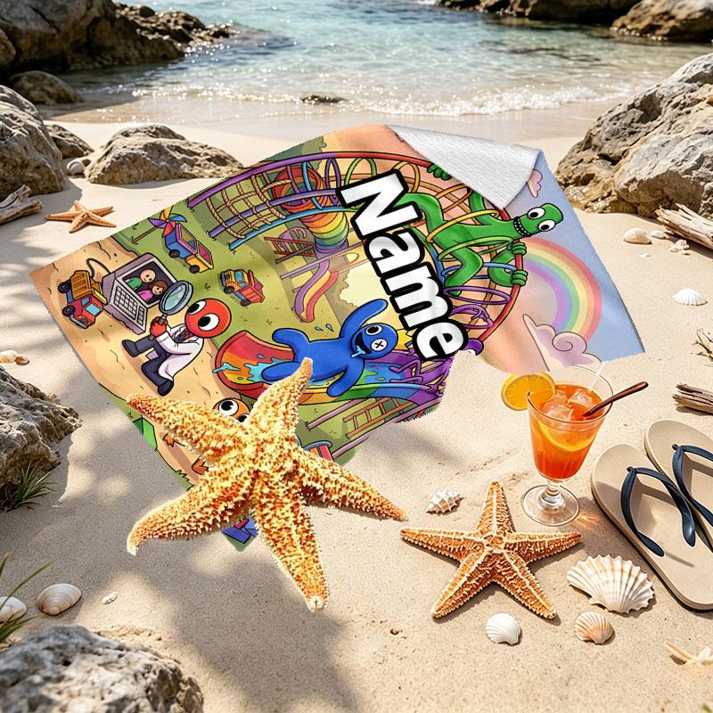 Custom Name Personalized Game Rainbow Friends Print Beach Towel, for Trip Camping Beach Party Home Decor, Birthday Gift for Family & Friends