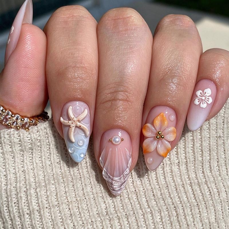 Rhinestone Inlaid Press On False Nails 24Pcs 3D Pink Flower Almond Fake Nails for Bridesmaid Wedding Event