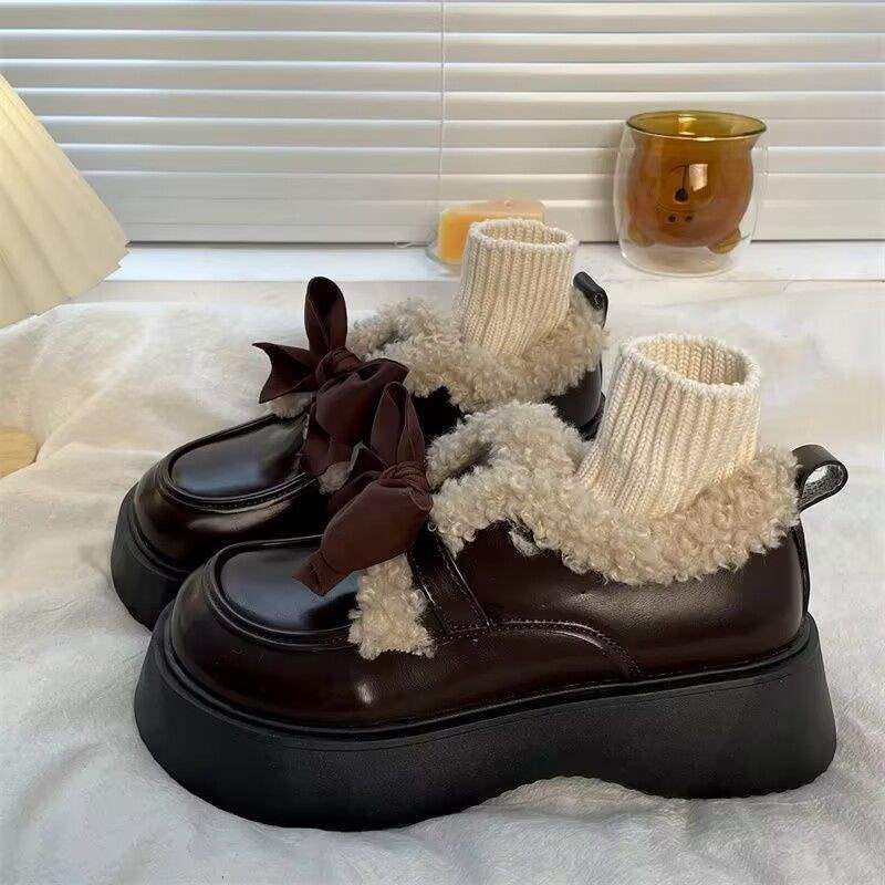 31-46 Black British style small leather shoes autumn and winter 2025 new platform loafers velvet cotton shoes Mary Jane shoes