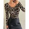 Spring Women's Leopard Print Large Round Neck Slim Long Sleeve T-Shirt