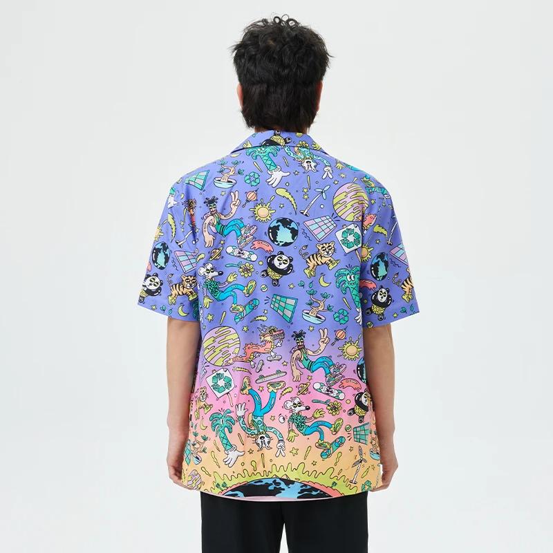 Li Ning X Steven Harrington Cartoon Anime All Over Print Loose Short Sleeve Shirt Men Shirts Purple ASHT017-2