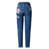 Dámska móda Vyšívanie Džínsy s vysokým pásom Slim Fit rovné džínsy