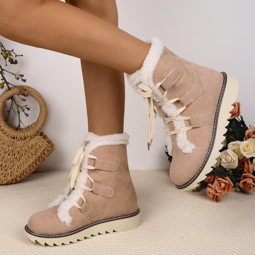 Women Flats Ankle Boots Suede Fur Shoes 2025 New Winter Snow Boots Short Plush Woman Sneakers Casual Lace Up Botas Mujer