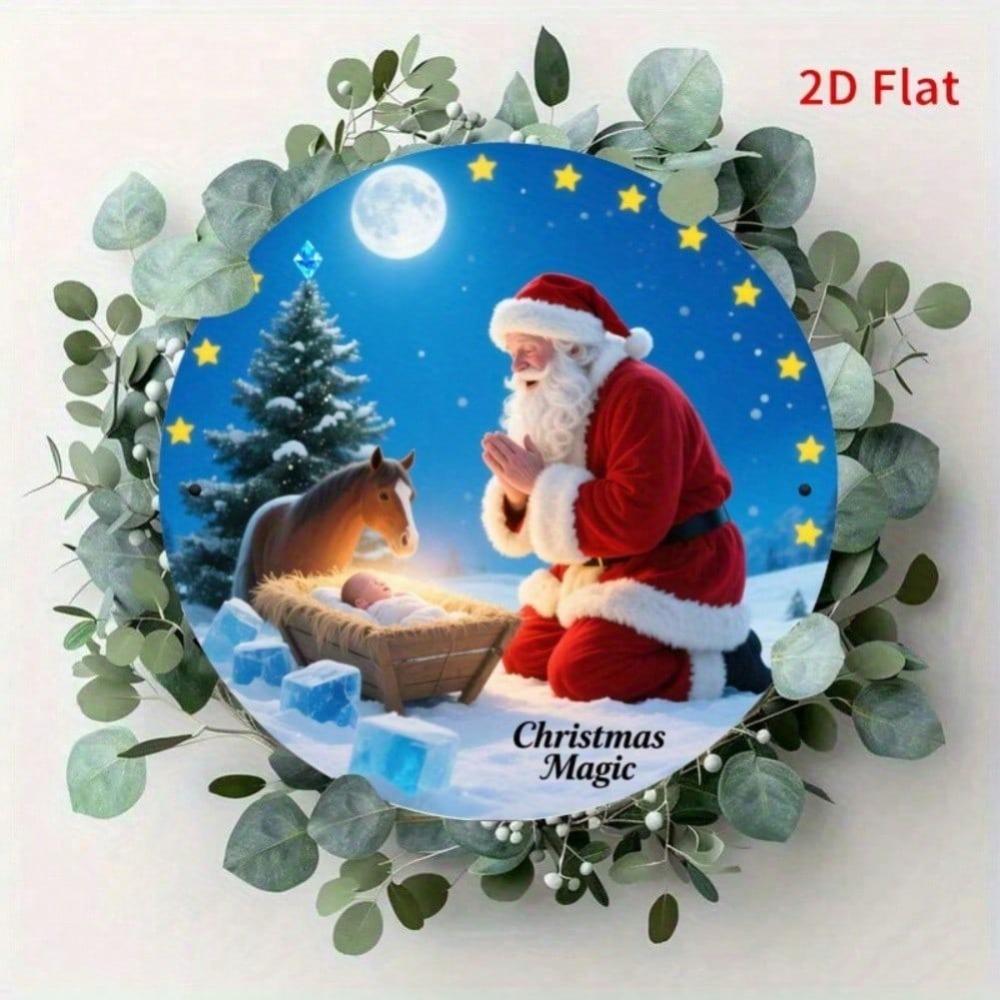 Vintage Weihnachtsmann-Blechschild, rund, aus Metall, Wanddekoration aus Aluminium, Weihnachtsdeko
