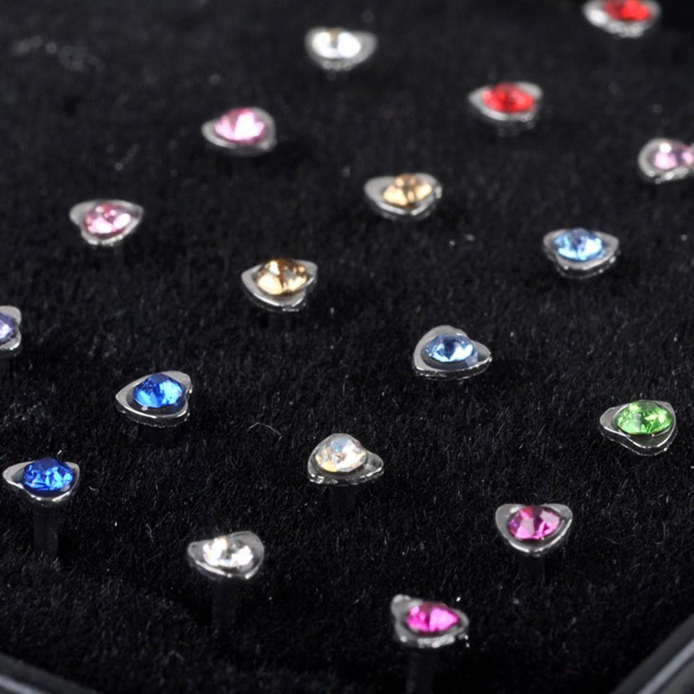 24-Piece Rhinestone Stainless Steel Heart Nose Studs - Titanium Steel Jewelry