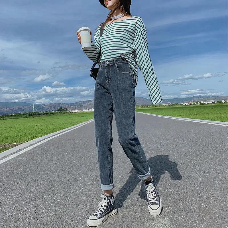 2021 Korean-Style High-Waisted Cropped Straight-Leg Jeans: Slimming, Versatile, Loose, Casual Wide-Leg Pants for Women