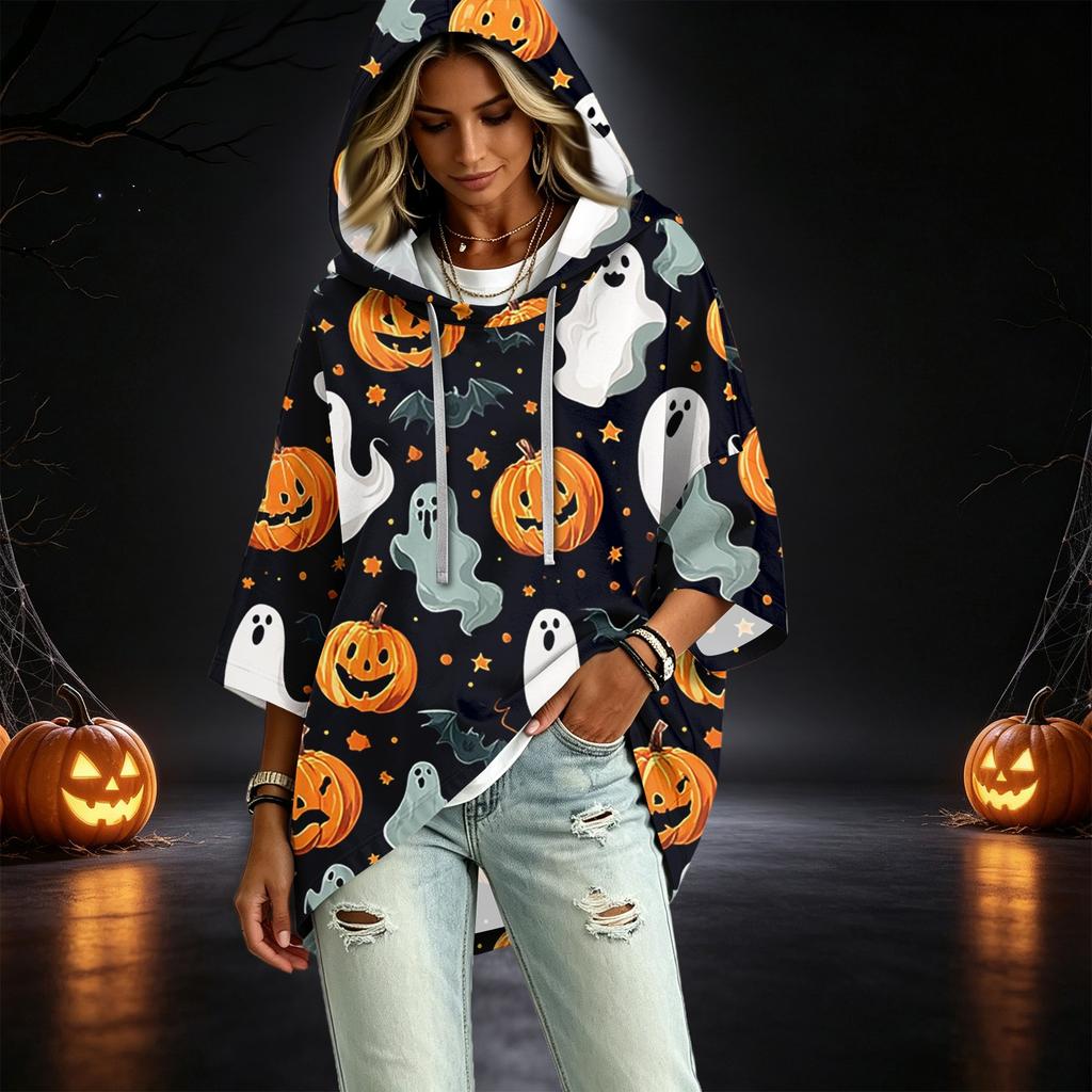 Women's Fashionable Three-Quarter-Sleeve Halloween-Printed Hooded Pullover