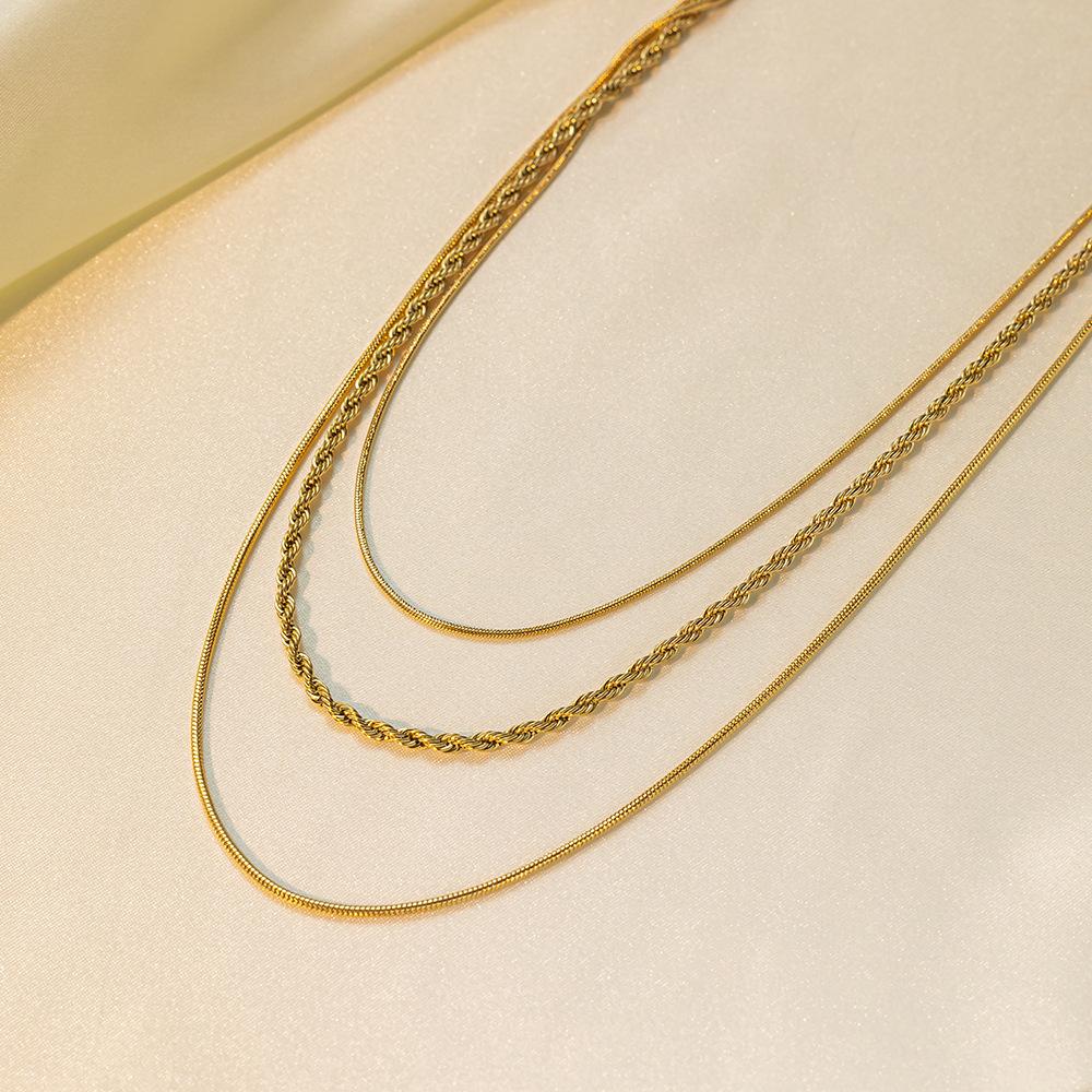 2025 summer new high-end fashion titanium steel three-layer collarbone necklace round snake chain rope collarbone chain women