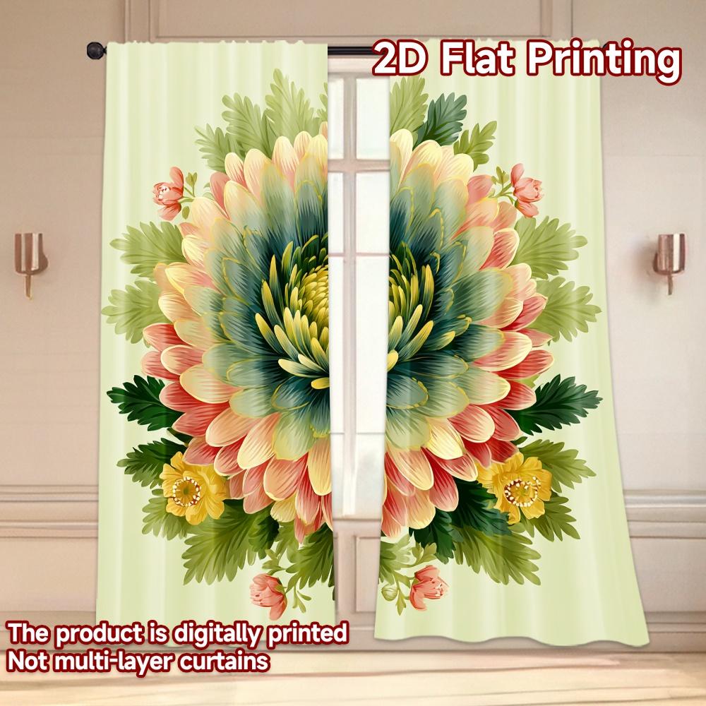 Set Of 2 Flat Printing Curtains Without Rod Floral Motif Design New Yearfestival Creative Durable Polyester Curtain
