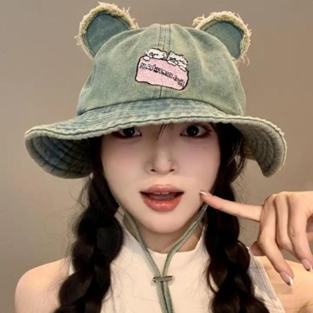 Wide Brim Bear Ears Hiking Fisherman Hat Sunscreen Lace-up Bucket Cap Cat Sun Denim Hat  Camping