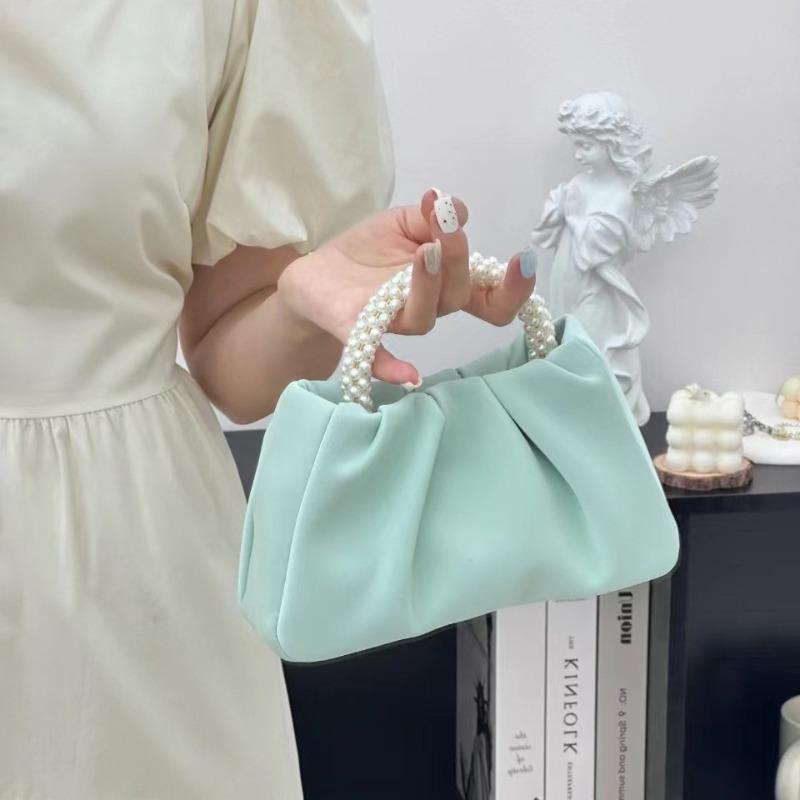 Fashionable Young Girl's Pearl Handbag with Pleated Single-shoulder Cross-body Design Resembling A Cloud-shaped Bag.