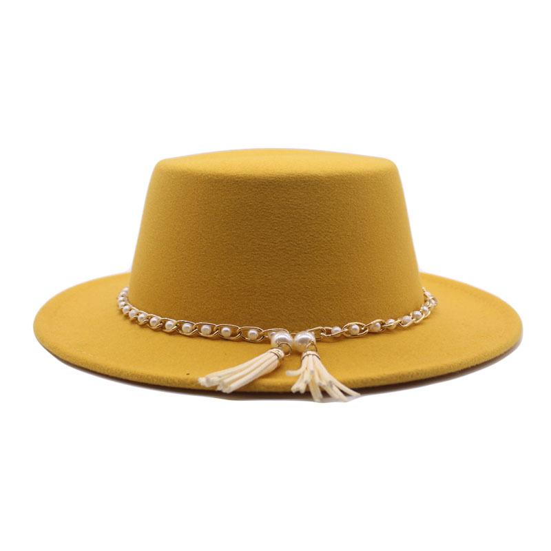 European, American and British Style Retro Fringed Pearl Chain Woolen Felt Hat Wide Brim Top Hat Flat Top Lady Hat Trendy Girl