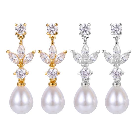 1 Paar Hängeohrringe Imitation Perle Zirkonia Kamelien-Design Anhängerohrringe Braut Hochzeitsohrringe Schmuck Geschenk