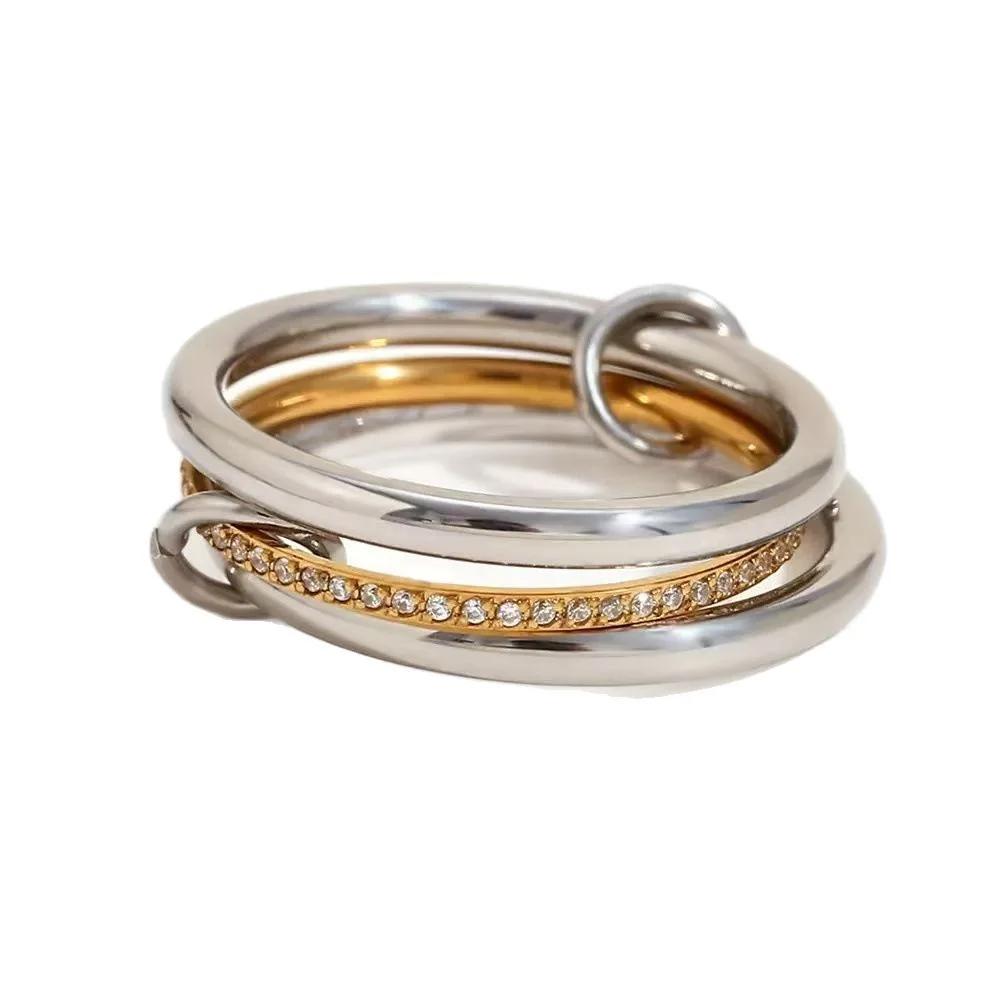 Stainless Steel 3-layer Mixed Color Inlaid Zircon Women's Ring Shiny Waterproof Jewelry Gift