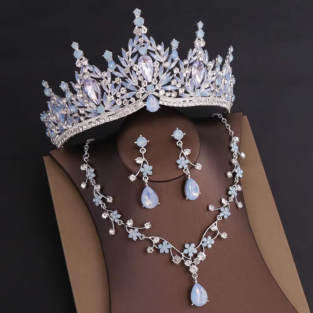 Baroque Crown Headdress Splendid Necklace Three-piece Earrings Set Birthday Crown Bridal Wedding Dress Formal Dress Jewelry синий