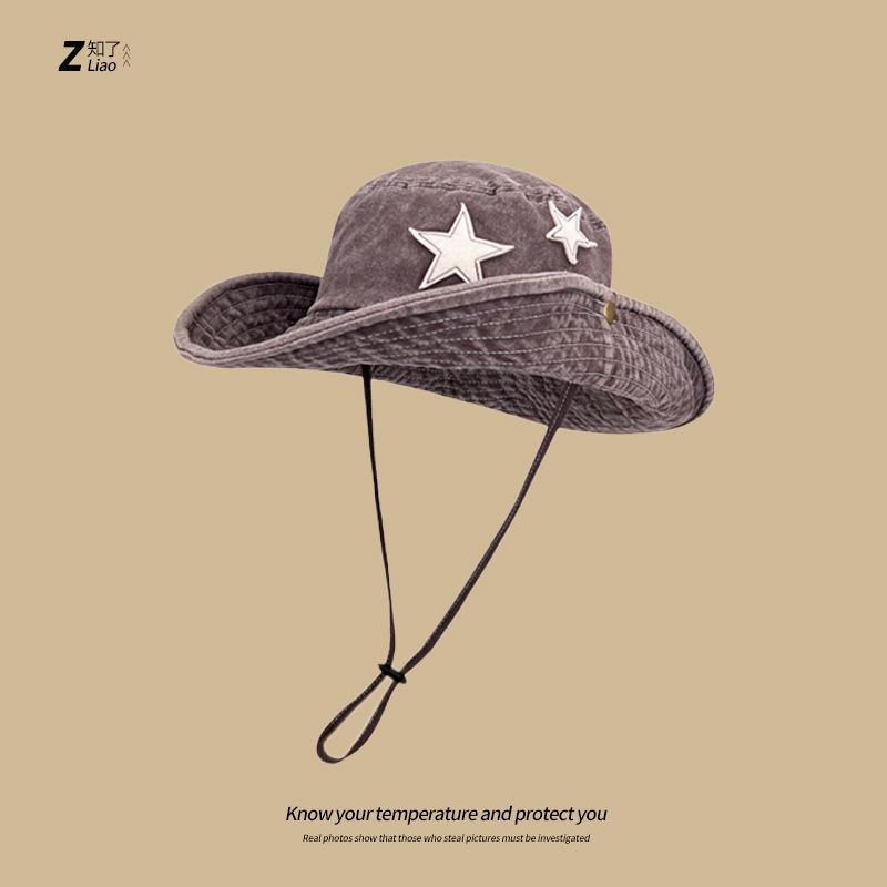 Vintage sticker star western cowboy hat women's spring sunshade sun climbing hat outdoor camping bucket hat