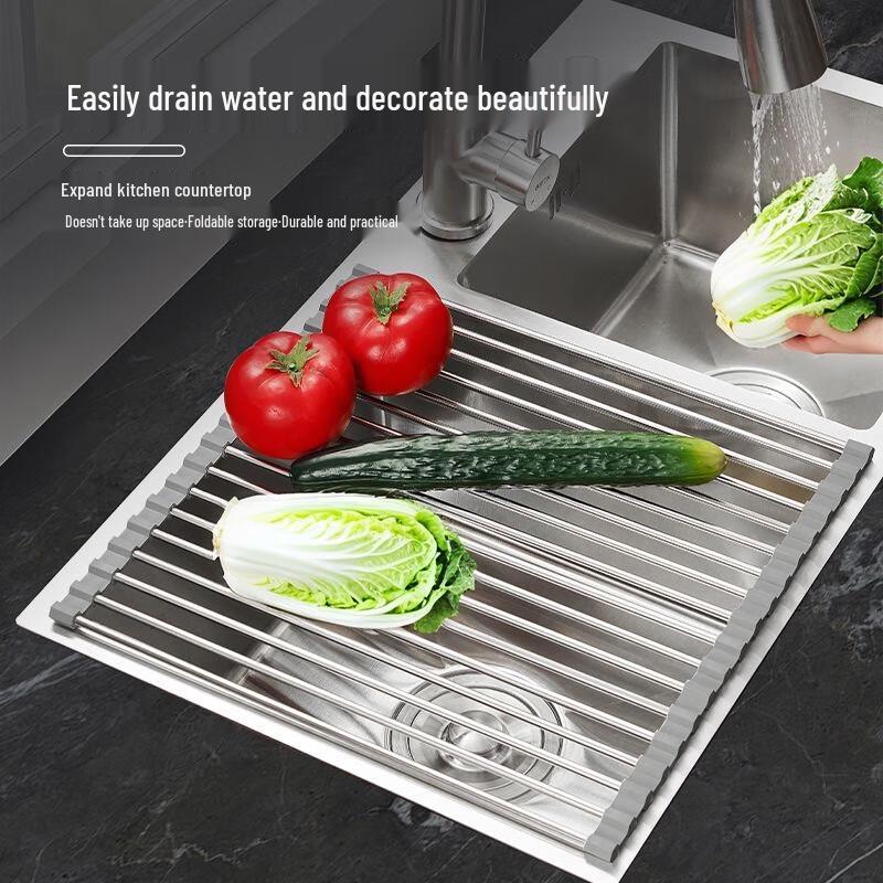 Gray Zhaoran Foldable Stainless Steel Kitchen Sink Dish Drainer with Knife Holder