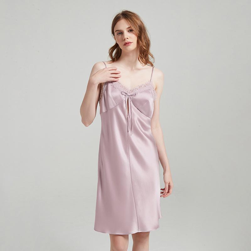 Mulberry Silk Women's Pajamas 19mm Silk Suspender Skirt Lace Bow Short Nightgown Backless Women's Sexy Pajamas Pajamas Pajamas