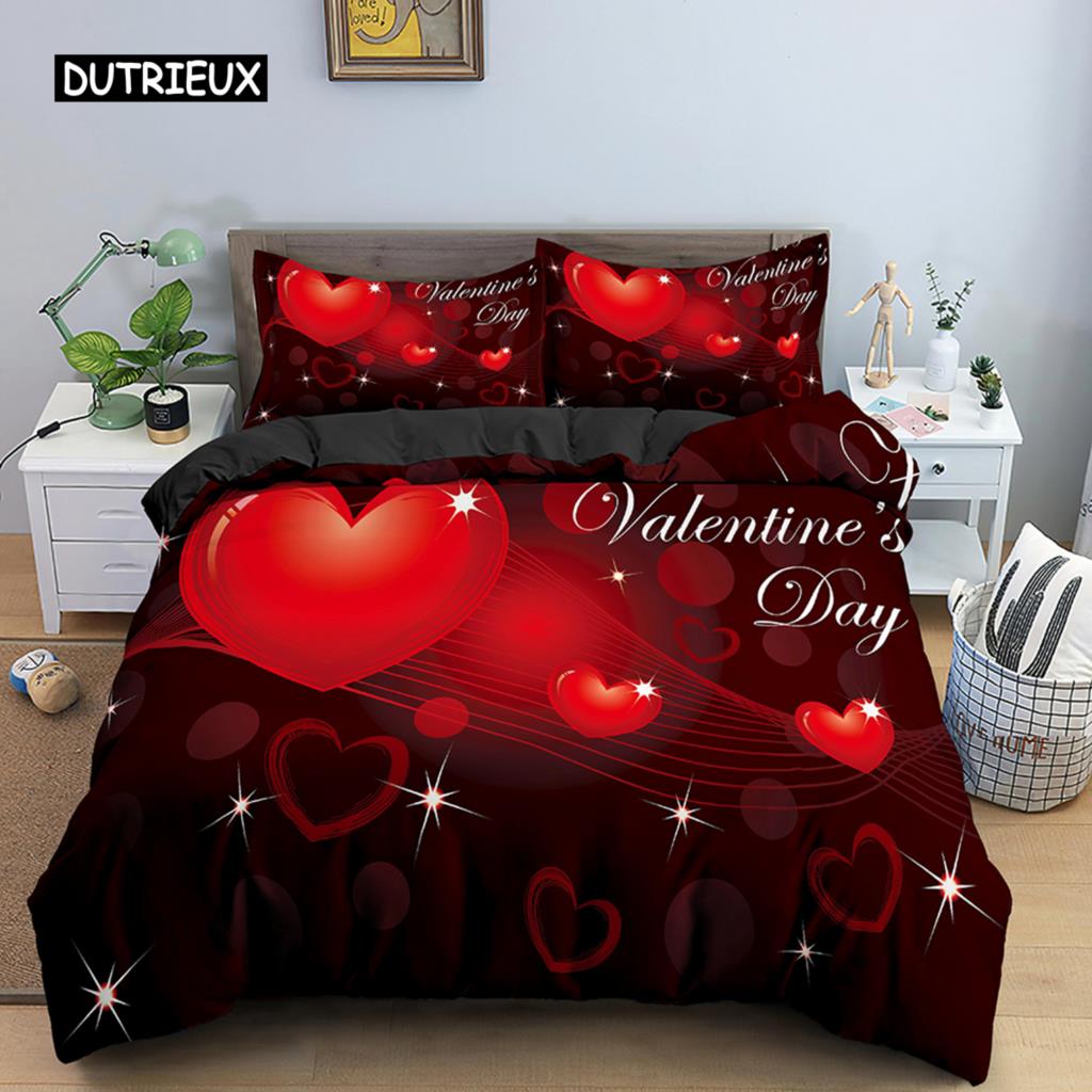 Valentine's Day Wedding Bedding Set 2/3 Pcs Luxurious Rose Love Heart Duvet Cover King Microfiber 3D Red Rose Print Quilt Cover