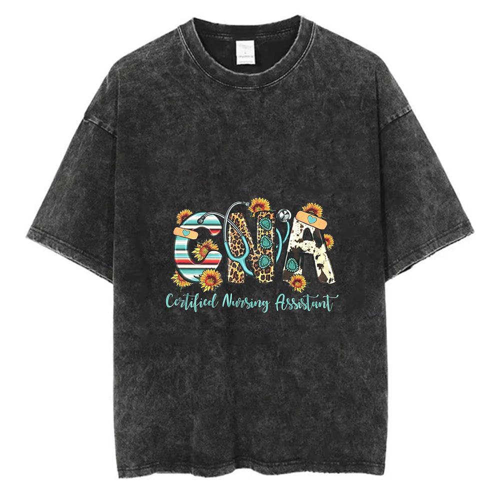 CNA Certified Nursing Assistant Graphic Print Acid Wash T-Shirt Vintage Leopard Cow Print Casual Short Sleeve Loose Fashion Tops