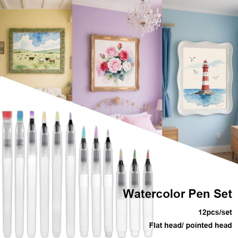 12pcs Water Storage Calligraphy Brush Set Flat Head 12pcs/set  Watercolor Illustration