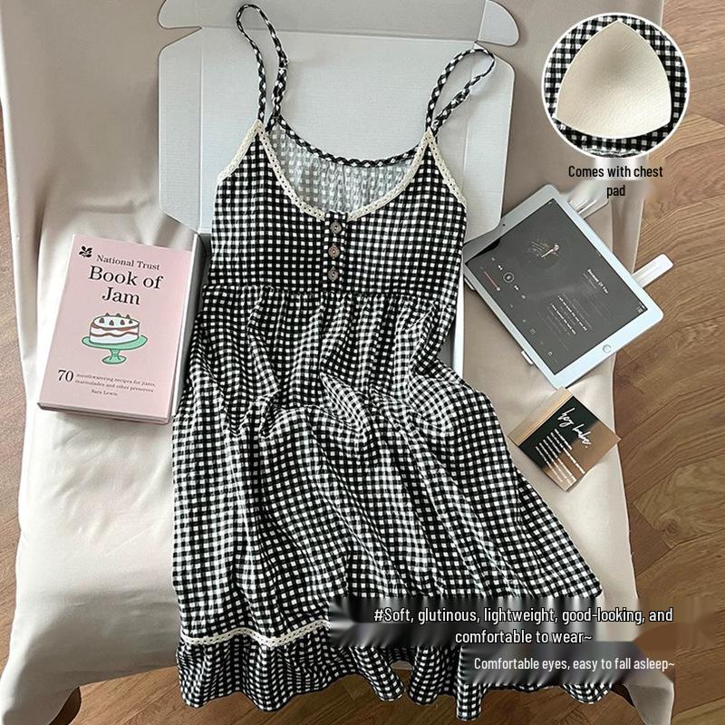 Women's Summer Strappy Cotton Sleep Dress with Padded Bra - Cute and Comfortable Nightgown
