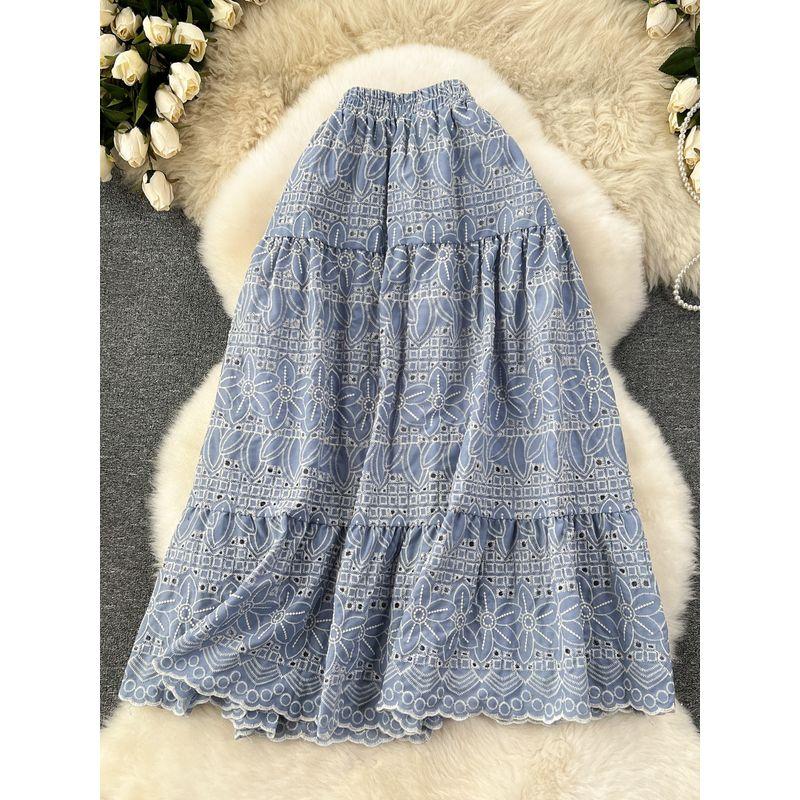 K-style Women's Retro Exquisite Hollow-out Embroider Skirt Women's Easiest for Match Elastic High Waist Slimming Mid Length Long Length A- line Skirt