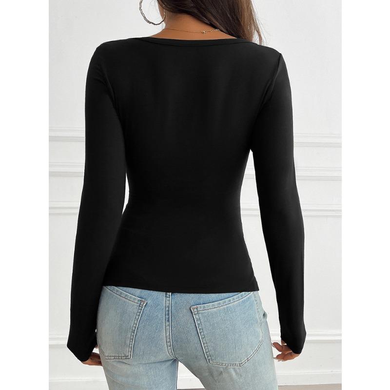 Spring Autumn Slim Fit V-neck Knitted T-shirt Women Buttons Long Sleeved Shirt Solid Color Simple Office Tops Elegant Fashion Casual Women's Clothing