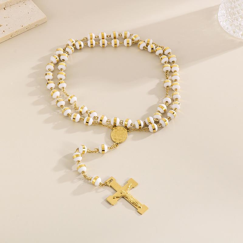 18K Gold Cross Prayer Beads Necklace for Women - Stainless Steel, 8mm, Trendy European-American Style