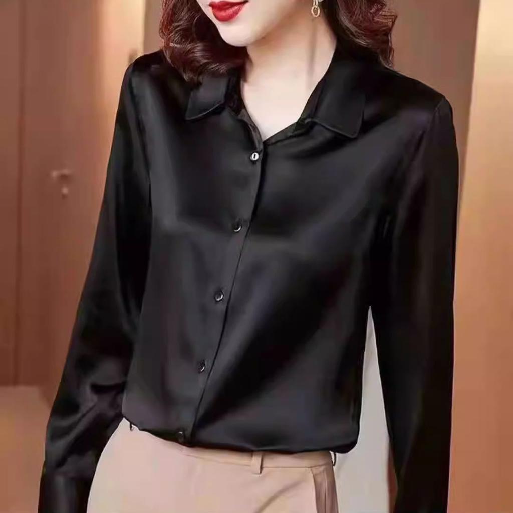 Korean Commute Spring Autumn Satin Blouses Women's Polo Neck Solid Button Loose Ruched Long Sleeve Casual All-match Shirts