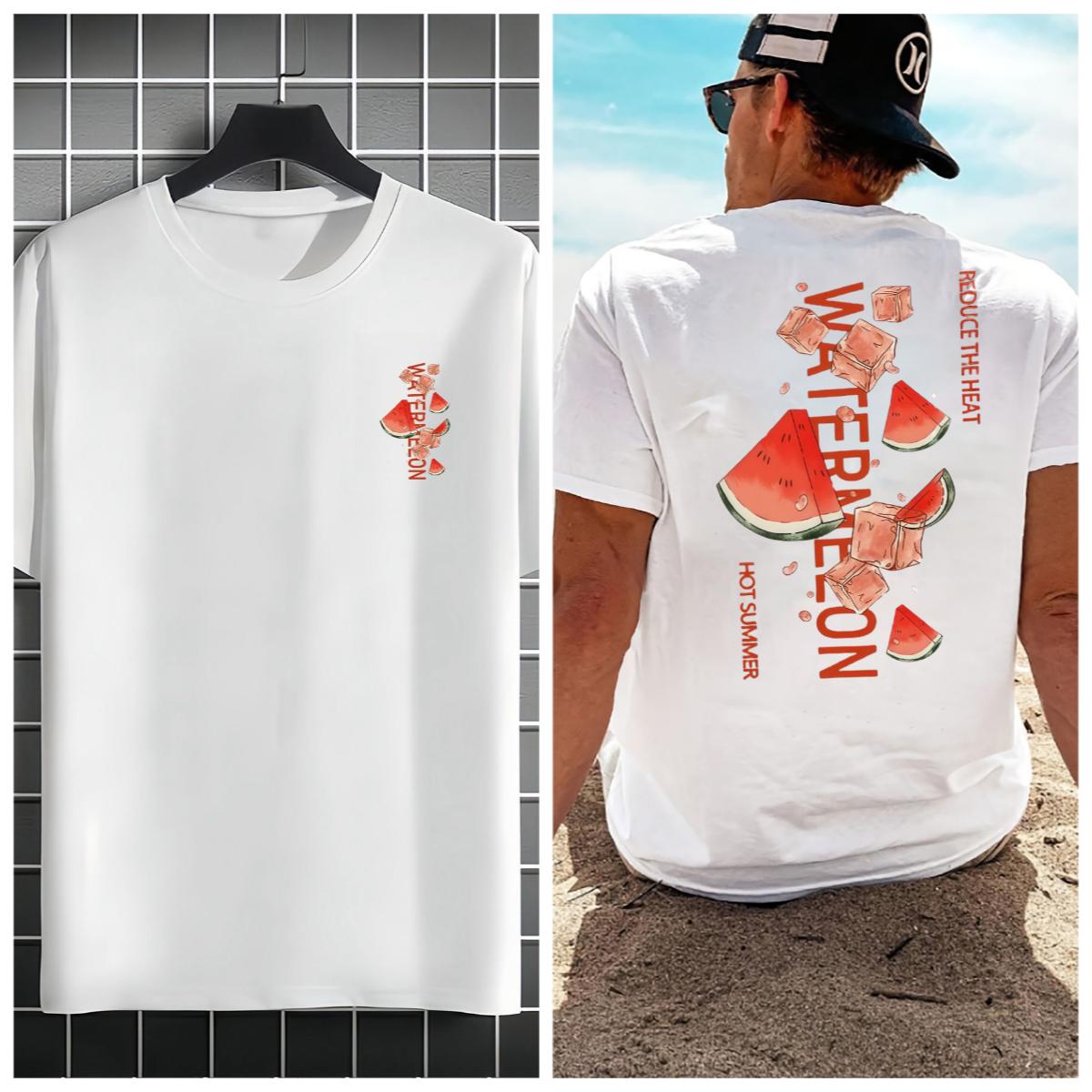 Mens Short Sleeved Tshirt with Watermelon Pattern Regular Style Fashionable Casual Round Neck Top Spring and Summer S