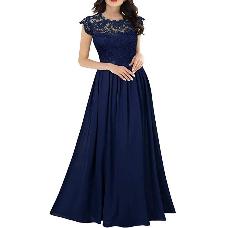 Elegant Floral Lace Chiffon Long Dress, Formal Evening Gown with Shoulder Sleeves for Women, Vintage Long Dress for Wedding Bridesmaids and Dances