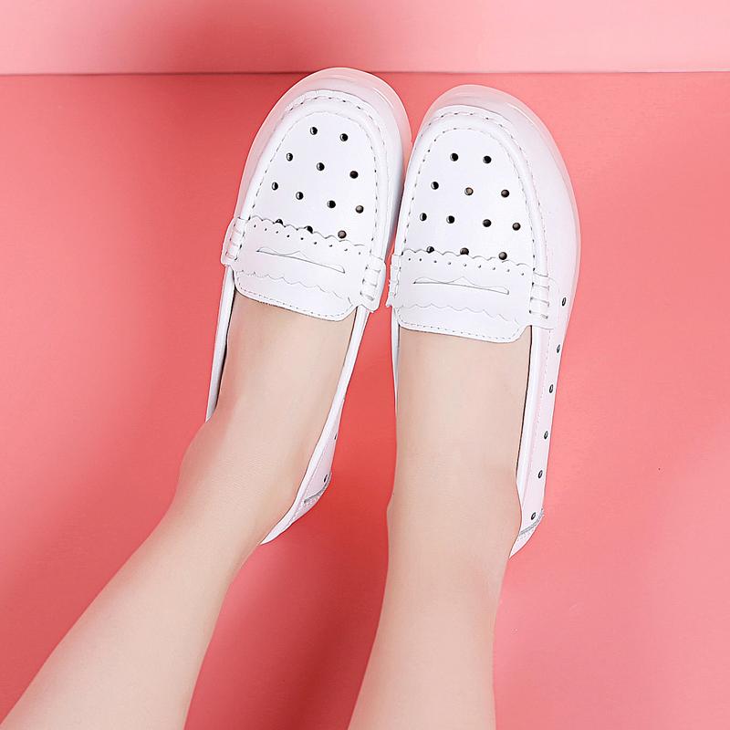 Fashion Leather Air Cushion Nurse Shoes for Women Spring and Summer New Soft Soled Breathable Flat Soled White  Shoes