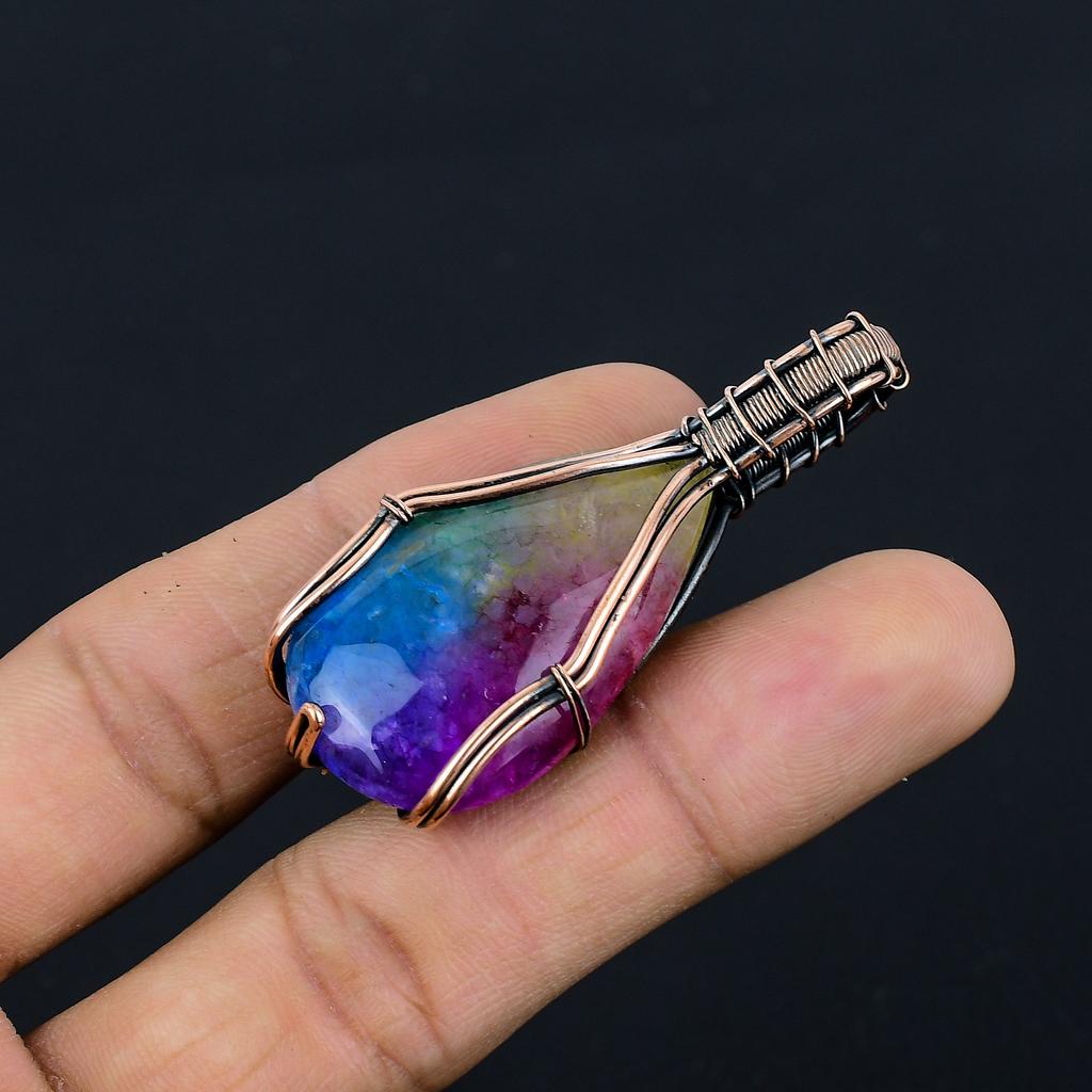 Natural Rainbow Solar Quartz Gemstone Copper Wire Wrap Gift Pendant 2.4" P3W66
