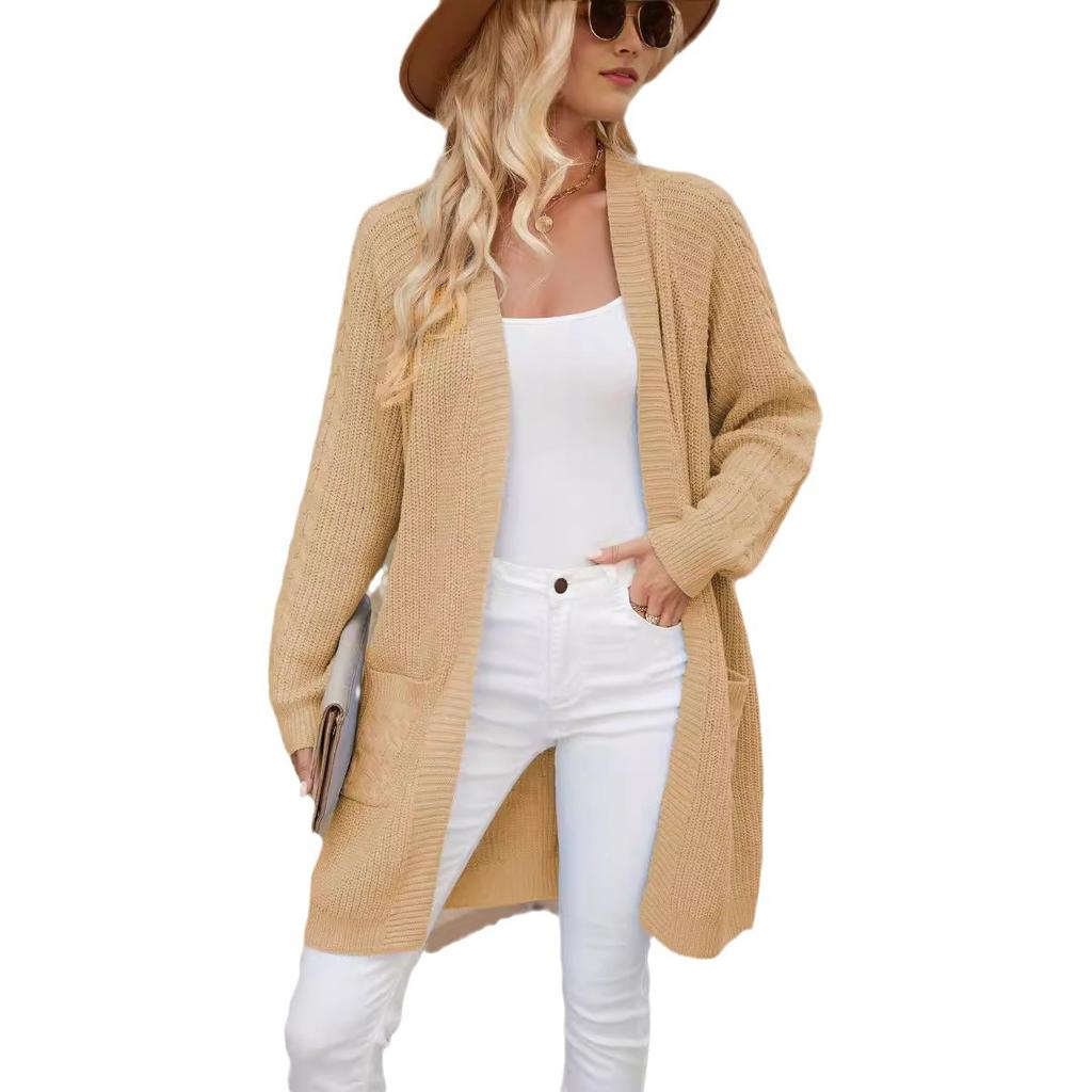 Lange Strickjacke Damen Herbst und Winter Strick Lose Spleißtaschen V-Ausschnitt Pullover Pullover Mantel Bequem Vielseitig und Modisch