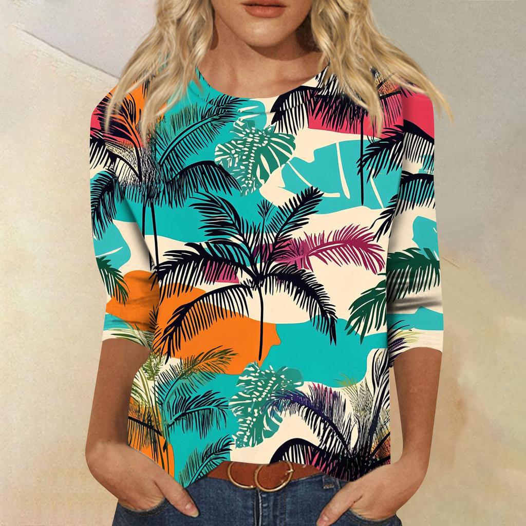 Módní vintage top s 3/4 rukávem pro ženy, dámská ležérní halenka s tříčtvrtečním rukávem a kulatým výstřihem s potiskem