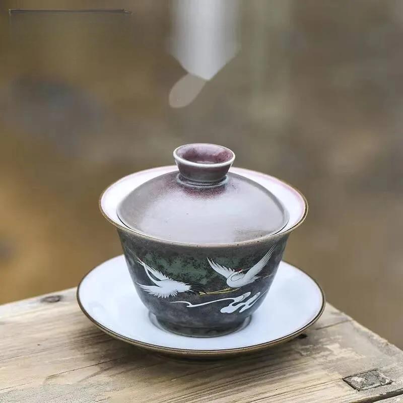 160ml Antique Kiln Change Glaze Gaiwan Creative Crane Tea Tureen Household Tea Maker Cover Bowl Tea Services Supplies Decoration